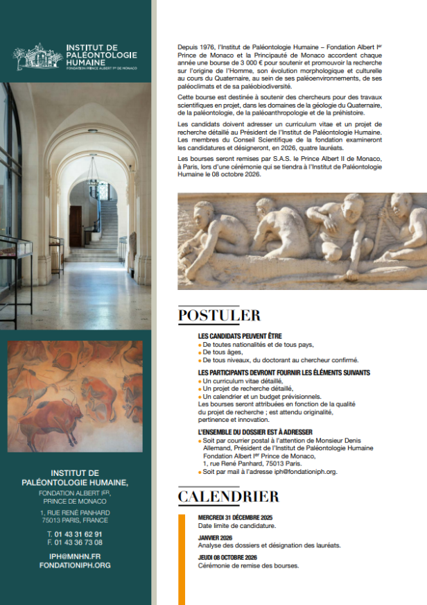 Appel à candidature - Bourse Rainier III de Monaco - Institut de Paléontologie Humaine